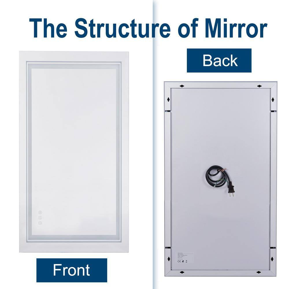 60 In. W X 30 In. H Large Rectangular Frameless Anti-Fog Dimmable Backlit & Front Light Wall LED Bathroom Vanity Mirror