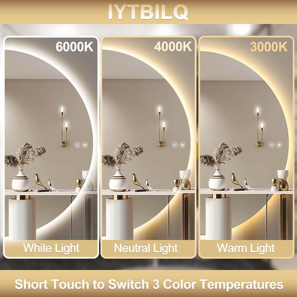 48"× 24" Half Moon LED Mirror for Bathroom, Lighted LED Vanity Mirror with Backlit, Anti-Fog,Dimmable 3-Color Lights, Frameless Irregular Smart Mirror