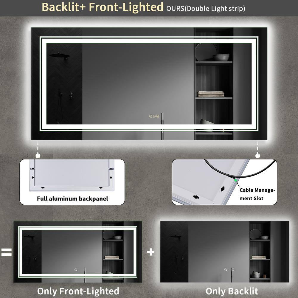 60 In. W X 30 In. H Large Rectangular Frameless Anti-Fog Dimmable Backlit & Front Light Wall LED Bathroom Vanity Mirror