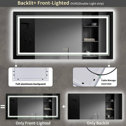 60 In. W X 30 In. H Large Rectangular Frameless Anti-Fog Dimmable Backlit & Front Light Wall LED Bathroom Vanity Mirror