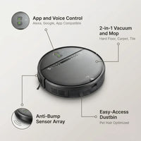 Robot Vacuum and Mop Combo Built to Clean Multiple Surfaces, 2-in-1 Design, Pet Hair Removal, App Control — Feature Infographic